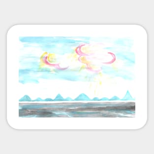 Scenery. Nature. Sun, sky, mountains, water. A calm image for a good mood. Sticker